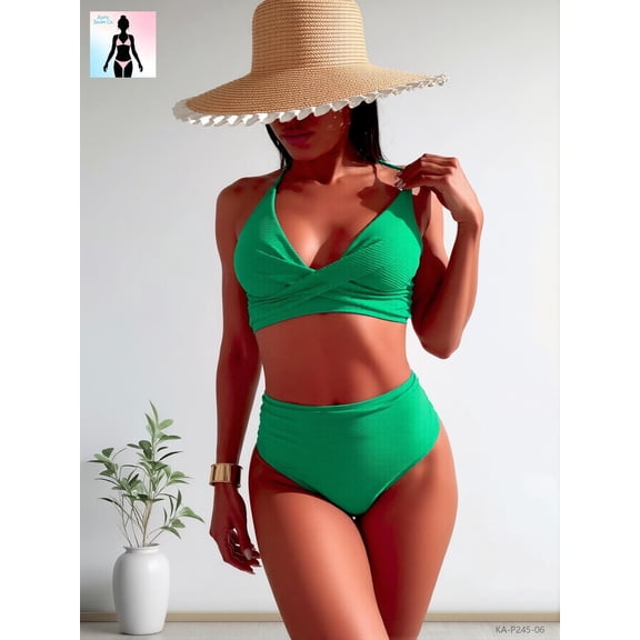 Women's High Waisted Bikini Set Halter V-Neck Ruched 2 Piece Swimsuit Green