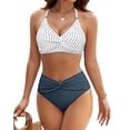 thumbnail image 1 of Women's High Waisted Bikini Sets Matel Tummy Control Swimsuits V Neck Twist Front Cross-Back Bathing Suit White 2XL, 1 of 6