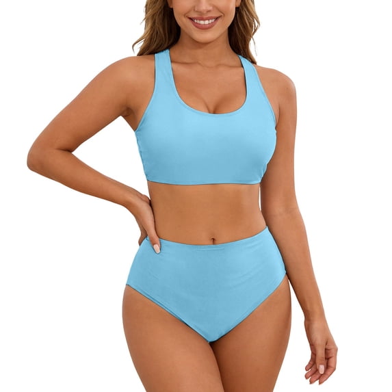 Women's High Waisted Bikini Sets with Push Up Top - 2 Piece Tummy Control Swimsuits Spaghetti Strap Bathing Suits, Solid Color Beach Wear(Sky Blue,XXL)