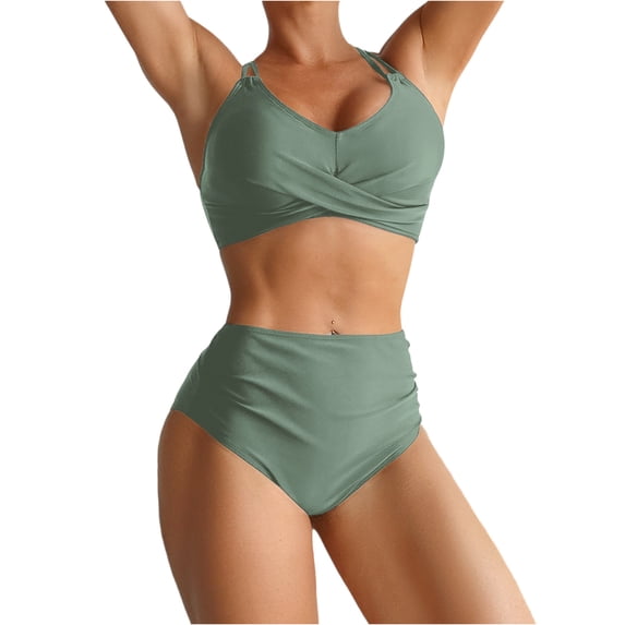 Women's High Waisted Bikini Sets Push Up Twist Front Spaghetti Straps Ruched Two Piece Swimsuit Bathing Suit Green L