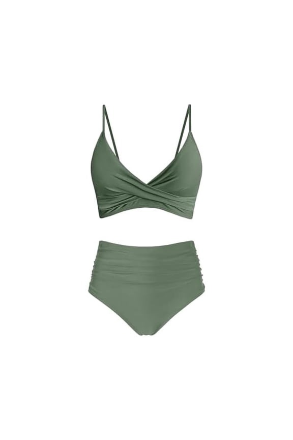 Women's High Waisted Bikini Sets Push Up Twist Front Spaghetti Straps Ruched Two Piece Swimsuit Bathing Suit