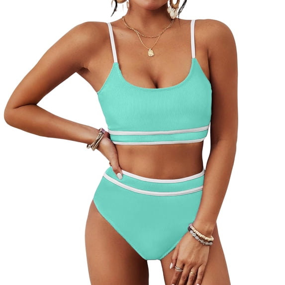 Women's High Waisted Bikini Sets Sporty Scoop Neck 2 piece Swimsuits Color Block High Cut Bathing Suits Mint Green XXL
