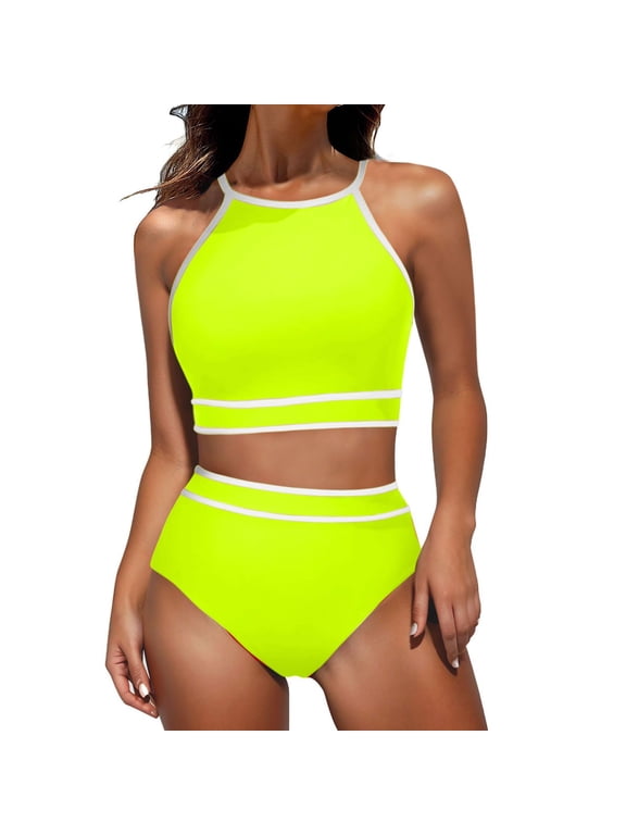 Women's High Waisted Bikini Sets Sporty Two Piece Racerback Swimsuits Color Block Cheeky High Cut Triangle Bathing Suits