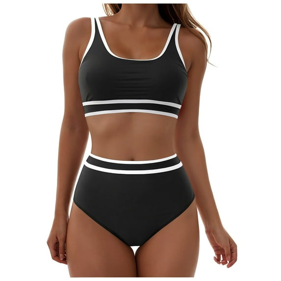 Women's High Waisted Bikini Sets Sporty Two Piece Swimsuits Color Block Cheeky High Cut Bathing Suits Swimming Suits For Women Black M