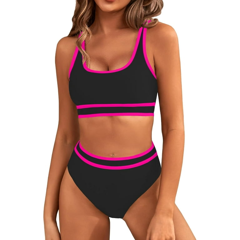 Women s High Waisted Bikini Sets Sporty Two Piece Swimsuits Color Block Cheeky High Cut Bathing Suits Walmart