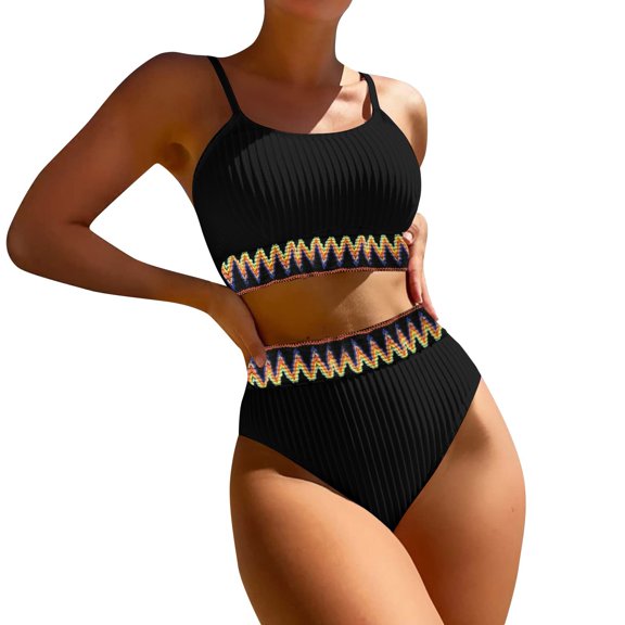 Women's High Waisted Bikini Sets Sporty Two Piece Swimsuits Color Block Cheeky High Cut Bathing Suits