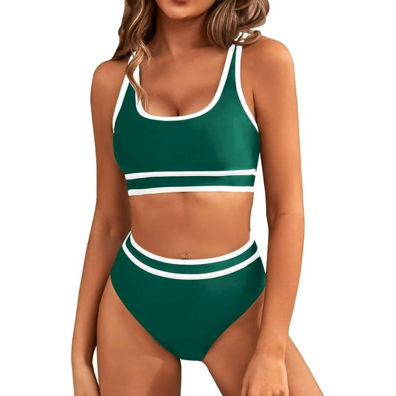 Women's High Waisted Bikini Sets Sporty Two Piece Swimsuits Color Block Cheeky High Cut Bathing Suits
