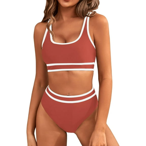 Women's High Waisted Bikini Sets Sporty Two Piece Swimsuits Color Block Cheeky High Cut Bathing Suits