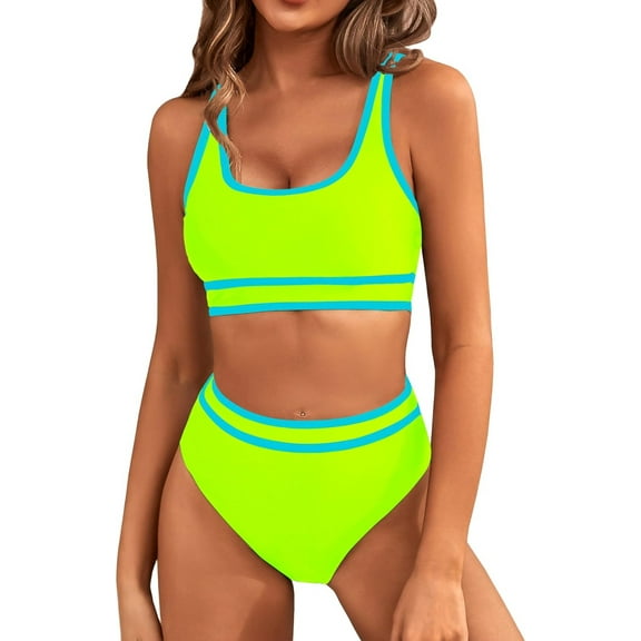 Women's High Waisted Bikini Sets Sporty Two Piece Swimsuits Color Block Cheeky High Cut Bathing Suits