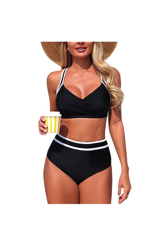 Women's High Waisted Bikini Sets Sporty Two Piece Swimsuits Cross Tie Back Color Block Cheeky Bathing Suits (S, Black)