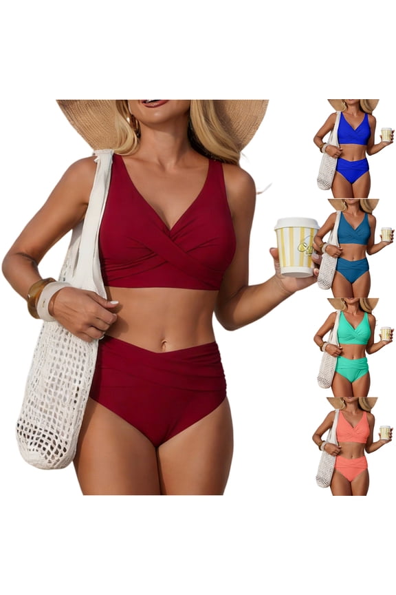 Women's High Waisted Bikini Sets, Tummy Control 2 Piece Swimsuits, Full Coverage Knot Front Bathing Suit Green XL