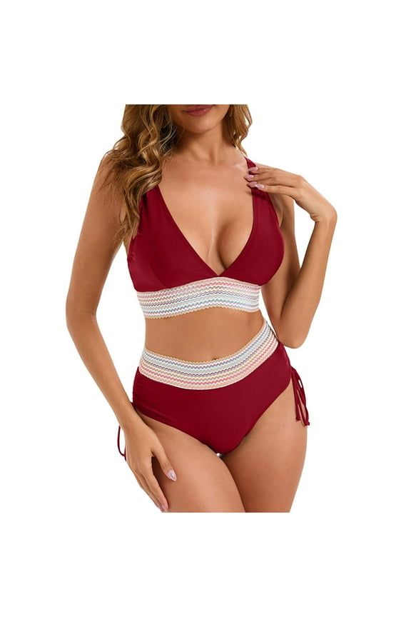 Women's High Waisted Bikini Sets Tummy Control Swimsuits Two Piece Bathing Suits Color Block Halter Swim Suits