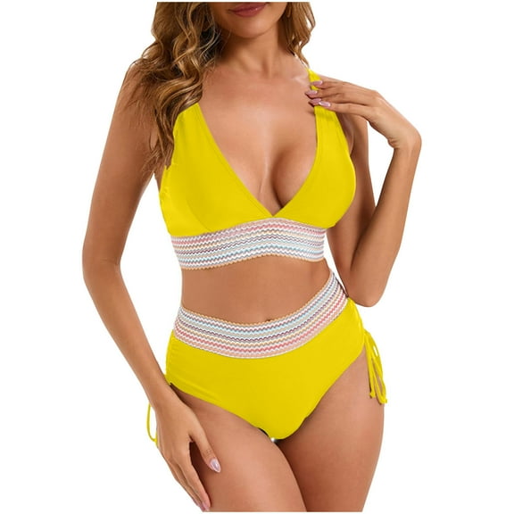 Women's High Waisted Bikini Sets Tummy Control Swimsuits Two Piece Bathing Suits Color Block Halter Swim Suits