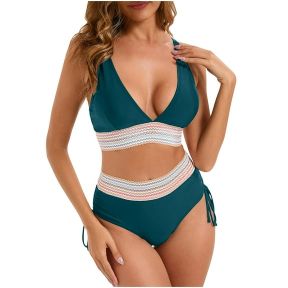 Women's High Waisted Bikini Sets Tummy Control Swimsuits Two Piece Bathing Suits Color Block Halter Swim Suits
