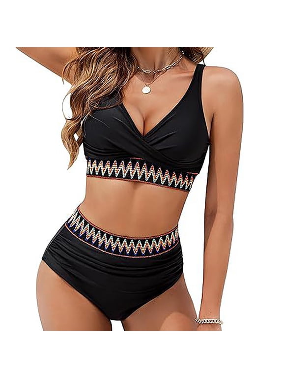 Women's High Waisted Bikini Sets Tummy Control Two Piece Swimsuits Color Block High Cut Bathing Suit Black M