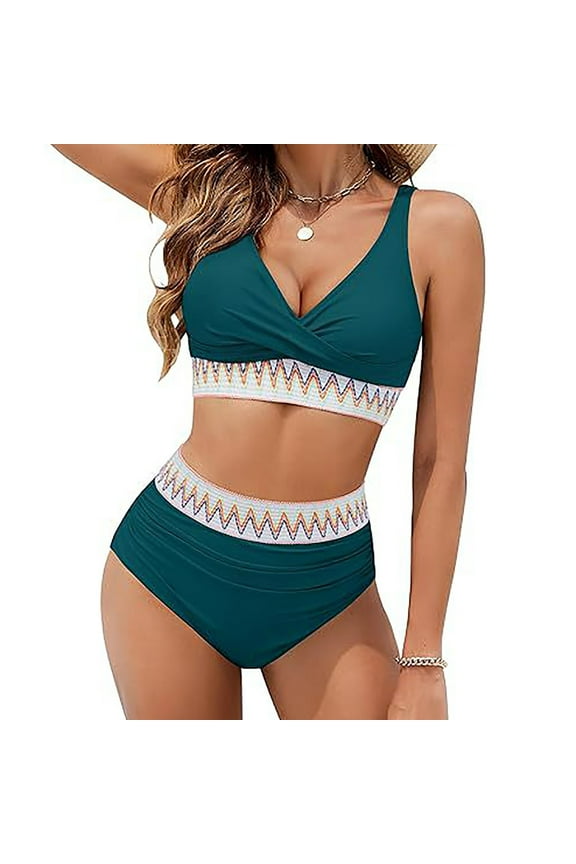 Women's High Waisted Bikini Sets Tummy Control Two Piece Swimsuits Color Block High Cut Bathing Suit Green M