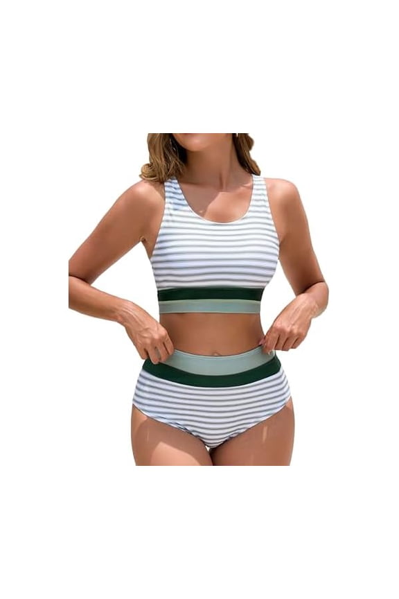 Women's High Waisted Bikini Sets Two Piece Swimsuit Color Block Sporty Athletic Moderate Coverage Bathing Suits