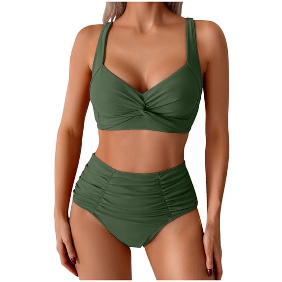 Women's High Waisted Bikini Sets Two Piece Swimsuit Ruched Bathing Suit V Neck Swimwear 2026 Swim Suit