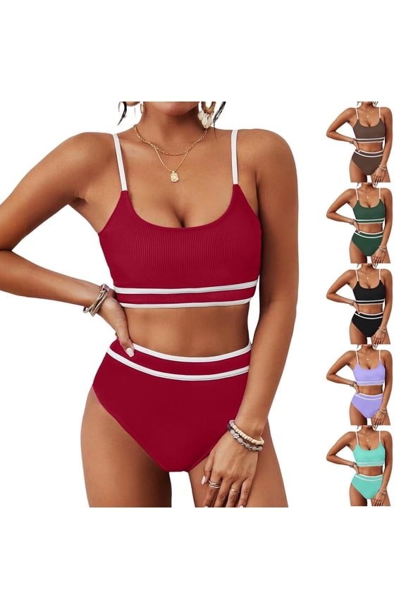 Women's High Waisted Bikini Sets Two Piece Swimsuits for Women Sporty Color Block Cheeky High Cut Bathing Suits 2026 Black S