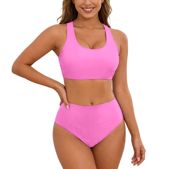 Women's High Waisted Bikini Sets with Push Up Top - 2 Piece Tummy Control Swimsuits Spaghetti Strap Bathing Suits, Solid Color Beach Wear(Pink,M)