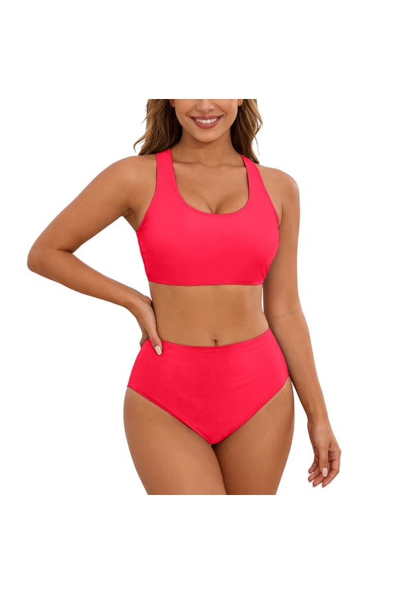 Women's High Waisted Bikini Sets with Push Up Top - 2 Piece Tummy Control Swimsuits Spaghetti Strap Bathing Suits, Solid Color Beach Wear(Red,L)