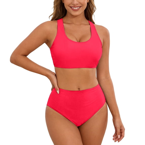 Women's High Waisted Bikini Sets with Push Up Top - 2 Piece Tummy Control Swimsuits Spaghetti Strap Bathing Suits, Solid Color Beach Wear(Red,M)