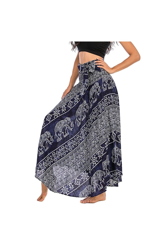 Women's High Waisted Boho Skirt Long Halter Midi Dress Coverup Skirt Flowy Gypsy Handkerchief Ankle Length Summer Navy Small-Large
