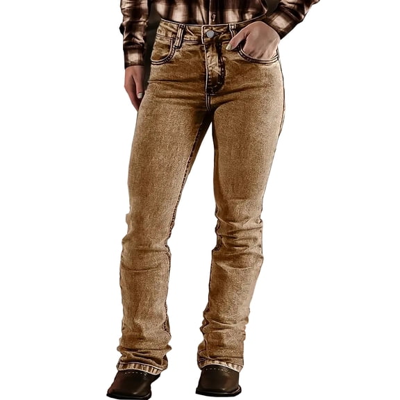 Women's High Waisted Bootcut Jeans, Vintage Washed Denim with Contrast Stitching, Western Style Flared Pants