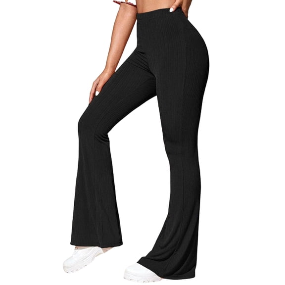 Women's High Waisted Bootcut Yoga Leggings - Solid Color Bell Bottom Workout Pants, Black Size L