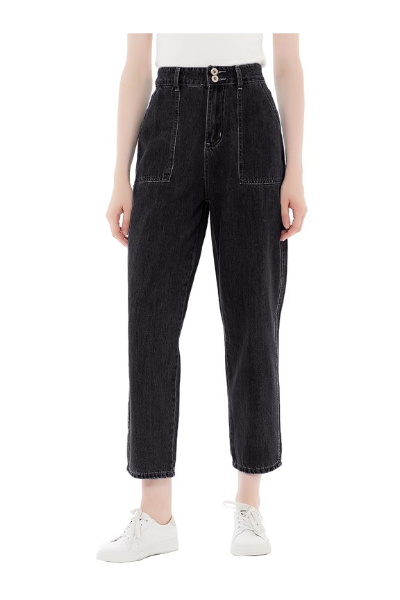 Women's High Waisted Boyfriend Denim Jeans Loose Tapered Crop Pants, Black, X-Large