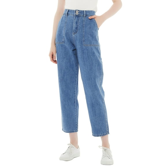 Women's High Waisted Boyfriend Denim Jeans Loose Tapered Crop Pants, Light Denim, Large