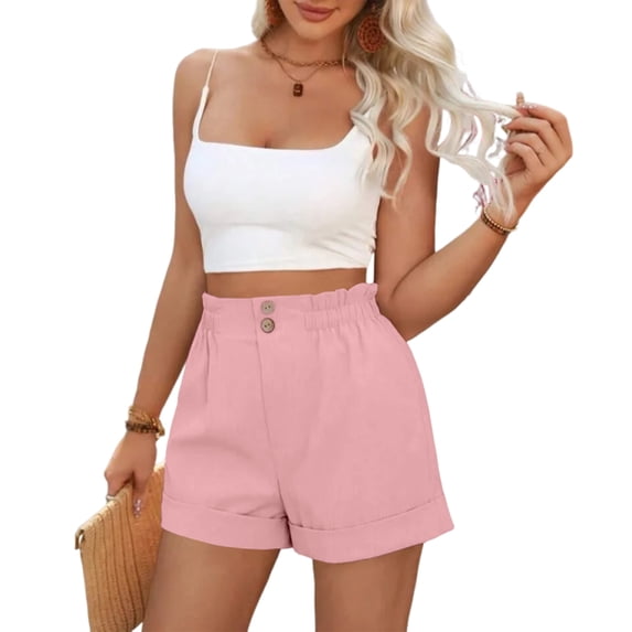 Women's High Waisted Button Cotton Linen Loose Casual Summer Lounge Shorts 2XL