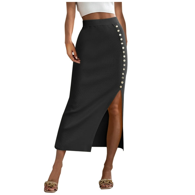 Women s High Waisted Button Split Rib Knit Long Wear to Work Pencil Skirt Solid Color Elegant Formal Midi Skirts Skirts for Women Walmart