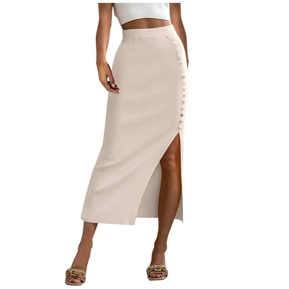 Women's High Waisted Button Split Rib Knit Long Wear to Work Pencil Skirt Solid Color Elegant Formal Midi Skirts