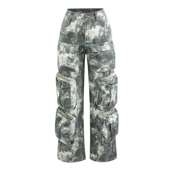 Women’s High Waisted Camo Cargo Pants – Baggy Wide Leg Straight Leg Trousers with Pockets Y2K Streetwear