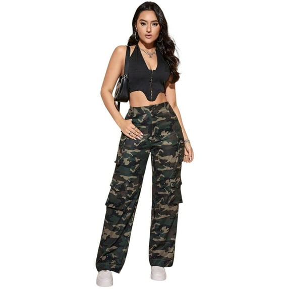 Women’s High Waisted Camo Cargo Pants – Baggy Wide Leg Trousers with Flap Pockets