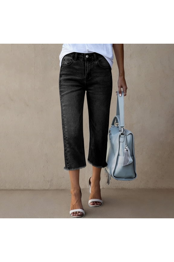 Women's High Waisted Capri Jeans Stretchy Straight Leg Raw Hem Cropped Denim Pants with Pockets Black 2XL