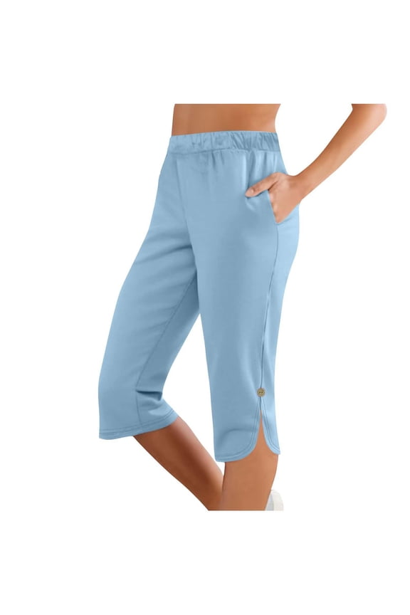 Women's High Waisted Capri Pants with Pockets Knee Length Quick Dry Athletic Yoga Workout Swim UPF50+ Summer 2025 Petite Light Blue