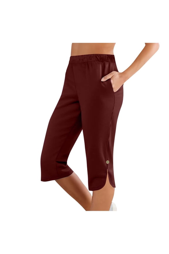 Women's High Waisted Capri Pants with Pockets Knee Length Quick Dry Athletic Yoga Workout Swim UPF50+ Summer 2025 Petite Wine