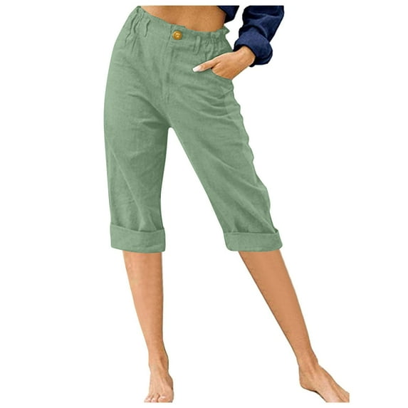 Women's High Waisted Capris with Pockets Summer Casual Cotton Linen Knee Length Pants Lightweight Comfy Pants