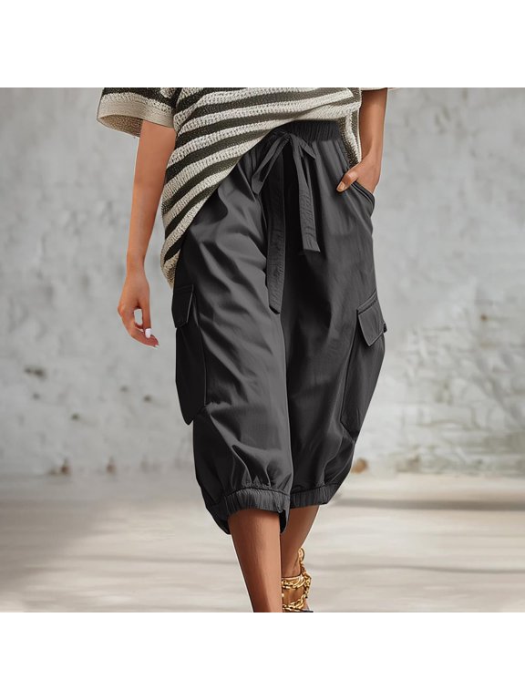 Women's High Waisted Cargo Capri Pants, Elastic Waist Cinched Hem Seven Quarter Length Pants with Pockets, Lightweight Soft Polyester Casual Cropped Pants for Spring Summer Fall Grey S