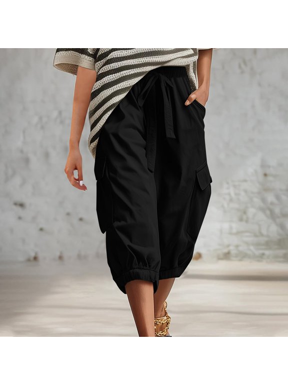 Women's High Waisted Cargo Capri Pants, Elastic Waist Cinched Hem Seven Quarter Length Pants with Pockets, Lightweight Soft Polyester Casual Cropped Pants for Spring Summer Fall Black L