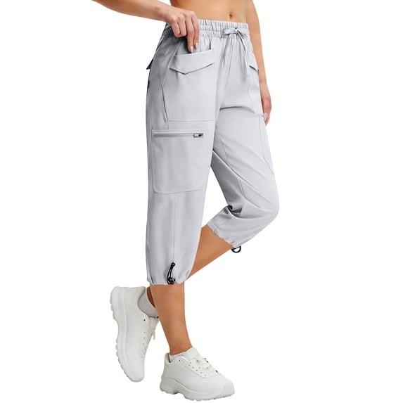 Women's High Waisted Cargo Capri Pants with Drawstring Elastic Waist Multi Pocket Outdoor Jogger