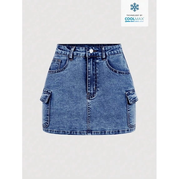 Women's High Waisted Cargo Denim Mini Skirt - Y2K Style A-Line Jean Skirt with Flap Pockets