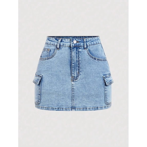 Women's High Waisted Cargo Denim Mini Skirt - Y2K Style A-Line Jean Skirt with Flap Pockets