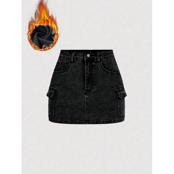 Women's High Waisted Cargo Denim Mini Skirt - Y2K Style A-Line Jean Skirt with Flap Pockets