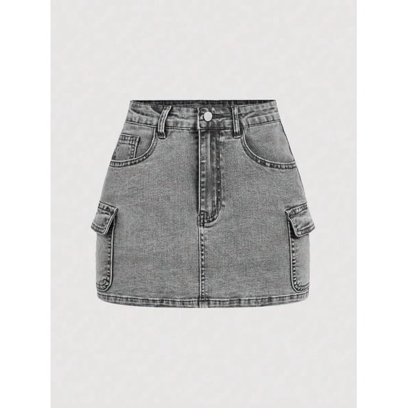 Women's High Waisted Cargo Denim Mini Skirt - Y2K Style A-Line Jean Skirt with Flap Pockets