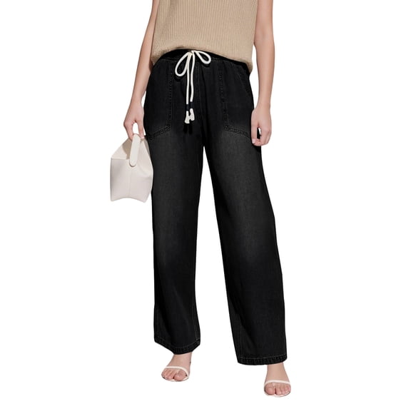 Women's High-Waisted Cargo Denim Pants - Elastic Waist 6-Pocket Wide Leg Loose Casual Jeans, Black Size XL