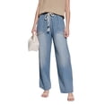 thumbnail image 1 of Women's High-Waisted Cargo Denim Pants - Elastic Waist 6-Pocket Wide Leg Loose Casual Jeans, Light Blue Size S, 1 of 6