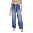 thumbnail image 1 of Women's High-Waisted Cargo Denim Pants - Elastic Waist 6-Pocket Wide Leg Loose Casual Jeans, Sky Blue Size XXL, 1 of 6